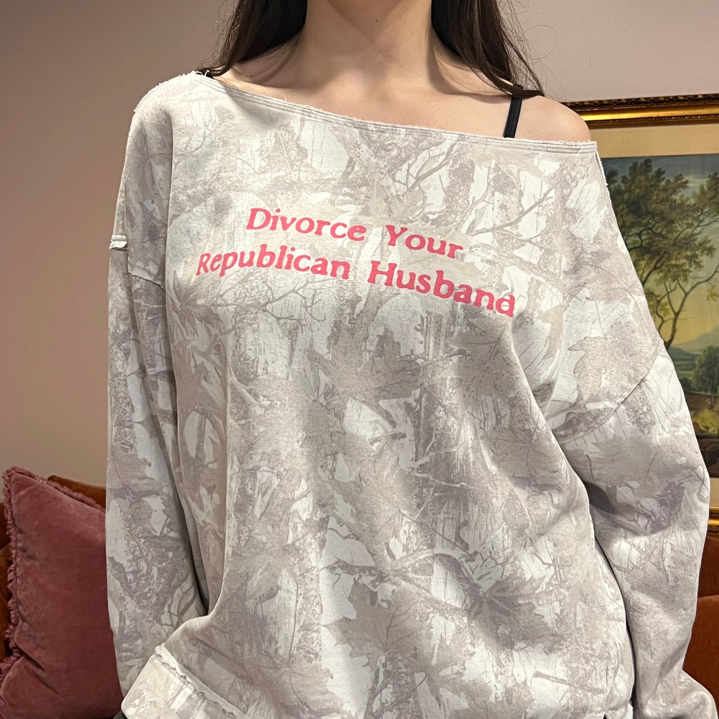DIVORCE YOUR REPUBLICAN HUSBAND white camo crewneck with pink text (L)