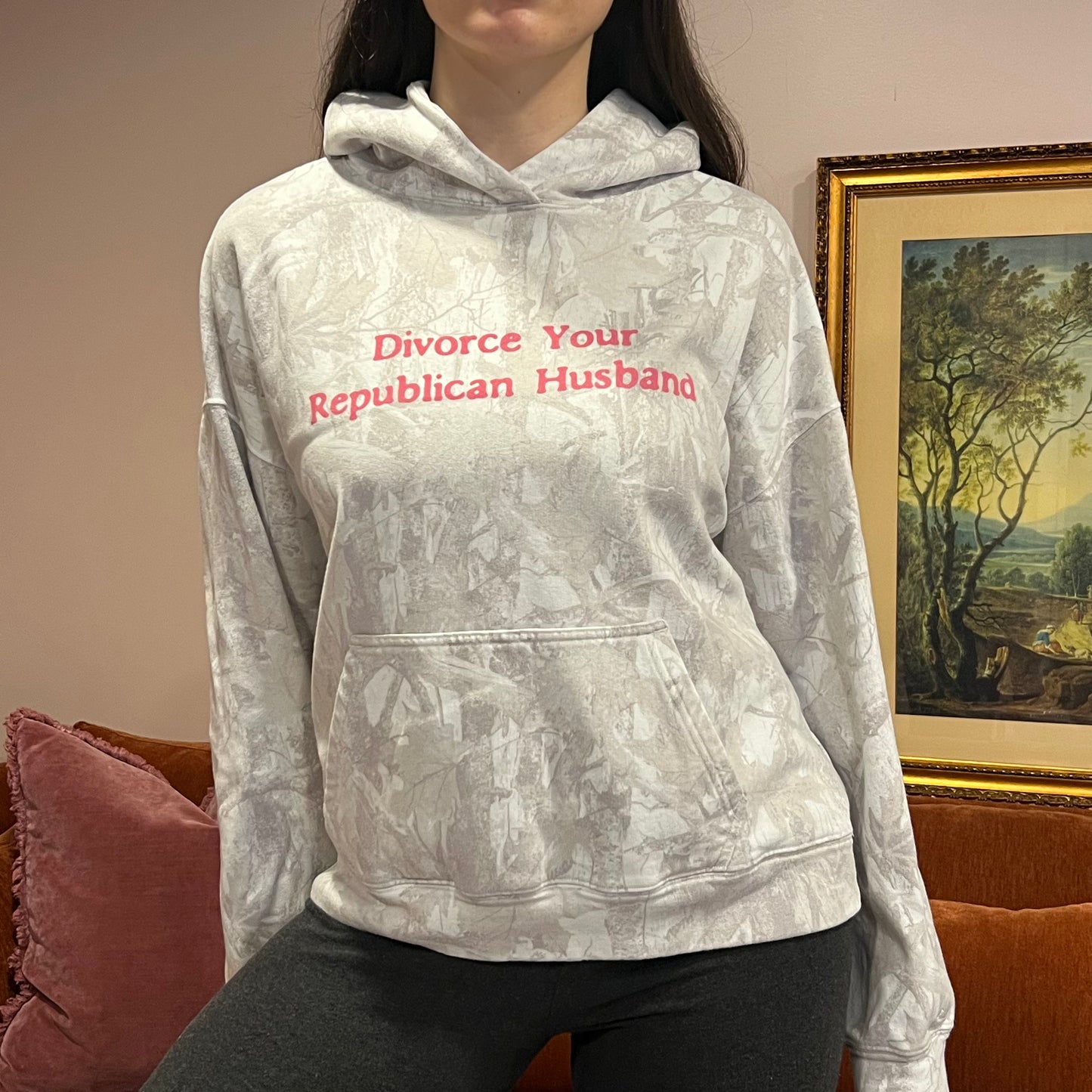 DIVORCE YOUR REPUBLICAN HUSBAND white camo hoodie with pink text (S)