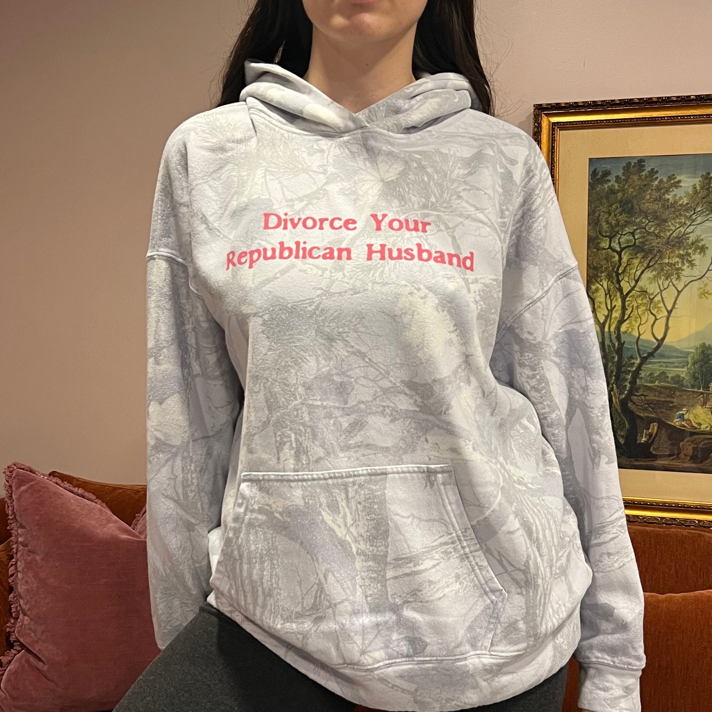 DIVORCE YOUR REPUBLICAN HUSBAND light blue camo hoodie with pink text (L)