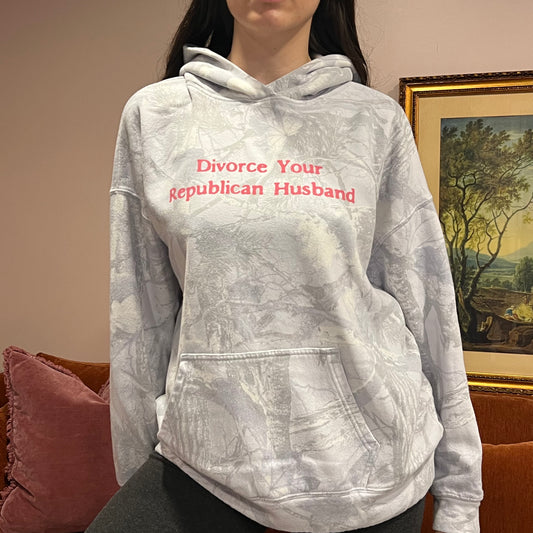 DIVORCE YOUR REPUBLICAN HUSBAND light blue camo hoodie with pink text (L)