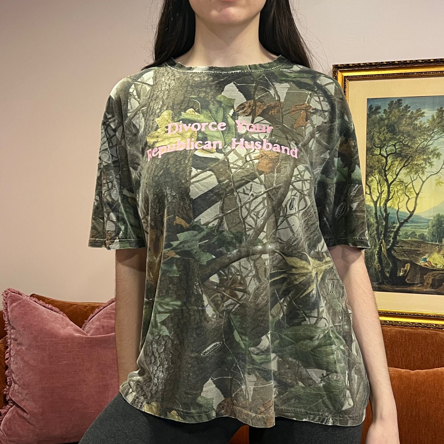 DIVORCE YOUR REPUBLICAN HUSBAND camo t-shirt with pink text (L)
