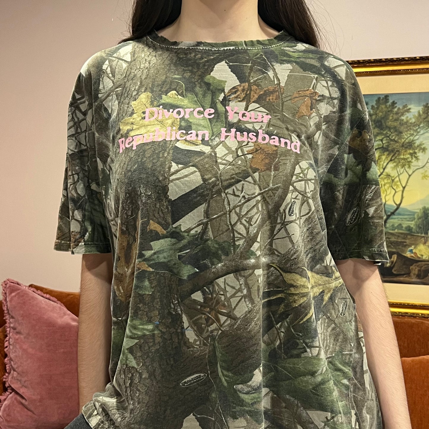 DIVORCE YOUR REPUBLICAN HUSBAND camo t-shirt with pink text (L)