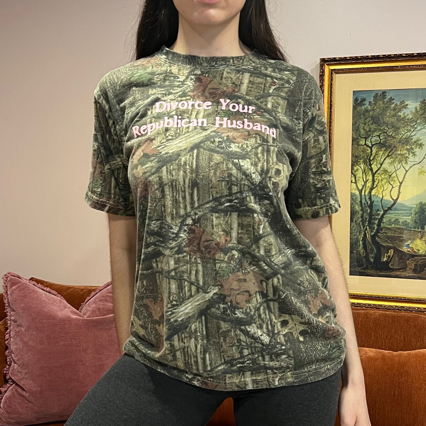DIVORCE YOUR REPUBLICAN HUSBAND camo t-shirt with pink text (M)