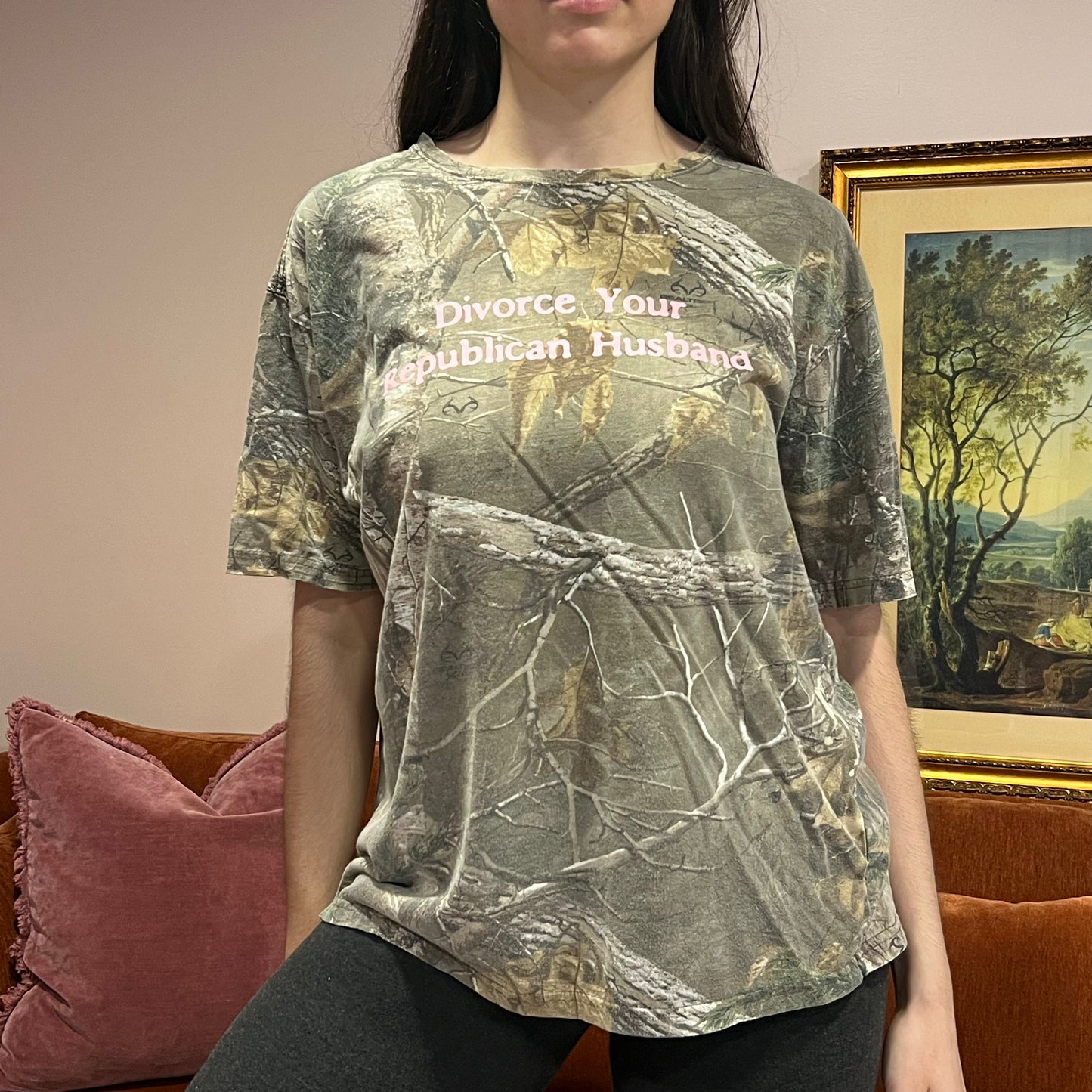 DIVORCE YOUR REPUBLICAN HUSBAND camo t-shirt with pink text (L)