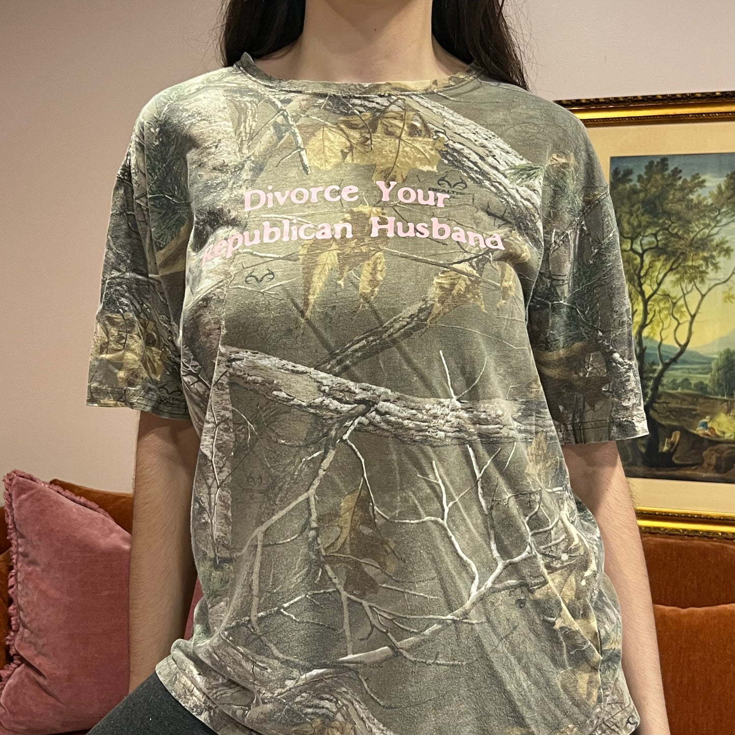 DIVORCE YOUR REPUBLICAN HUSBAND camo t-shirt with pink text (L)