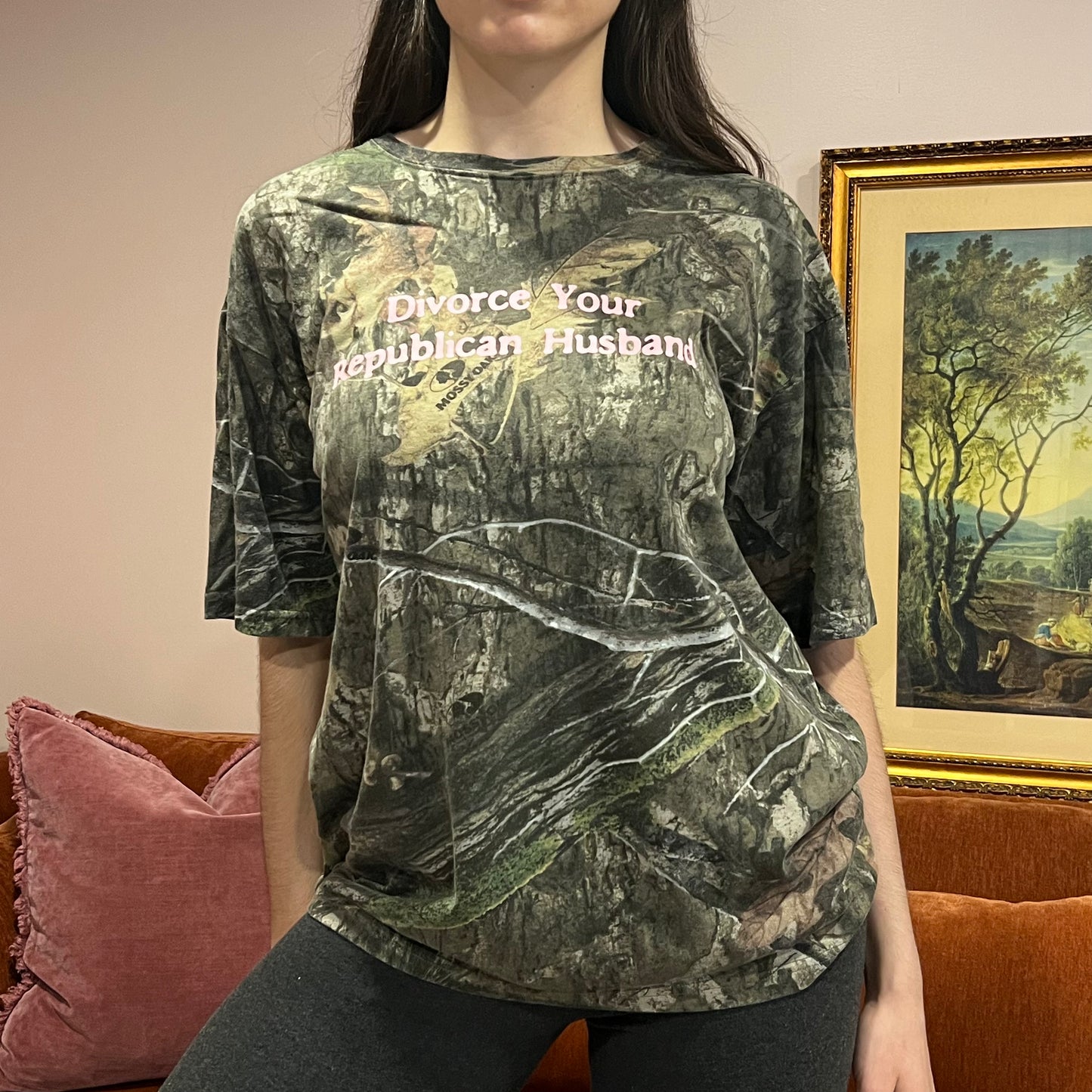 DIVORCE YOUR REPUBLICAN HUSBAND camo t-shirt with pink text (L)