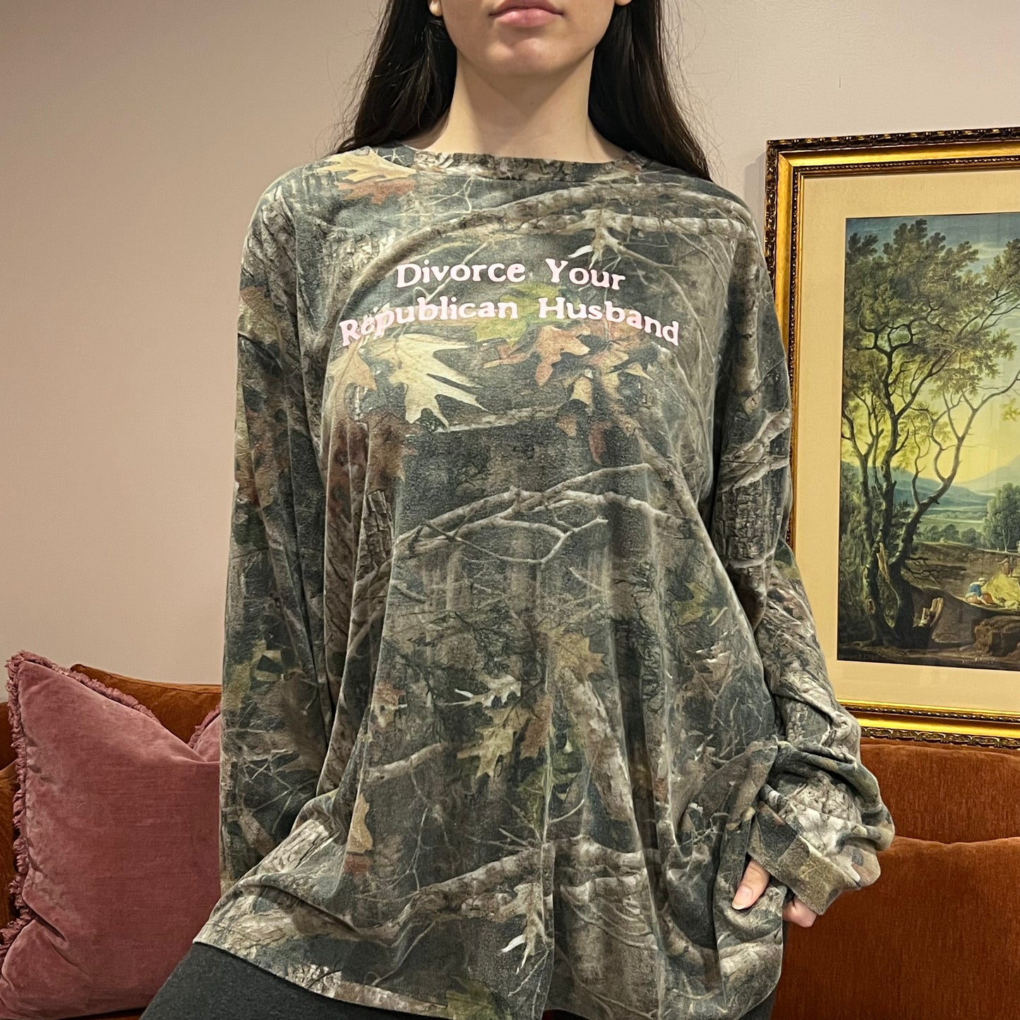 DIVORCE YOUR REPUBLICAN HUSBAND camo long sleeve t-shirt with pink text (XL)