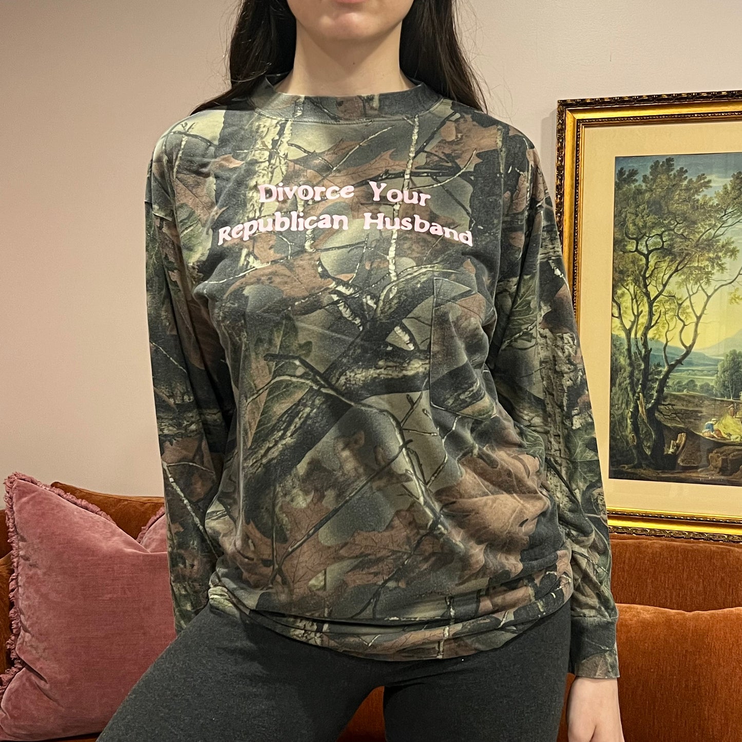 DIVORCE YOUR REPUBLICAN HUSBAND camo long sleeve t-shirt with pink text (L)
