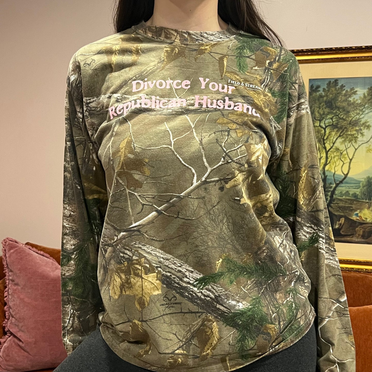 DIVORCE YOUR REPUBLICAN HUSBAND camo long sleeve t-shirt with pink text (L)