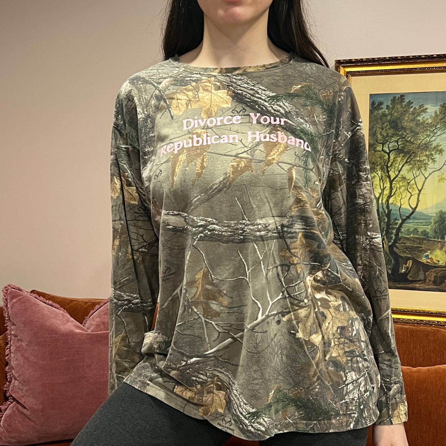 DIVORCE YOUR REPUBLICAN HUSBAND camo long sleeve t-shirt with pink text (XL)