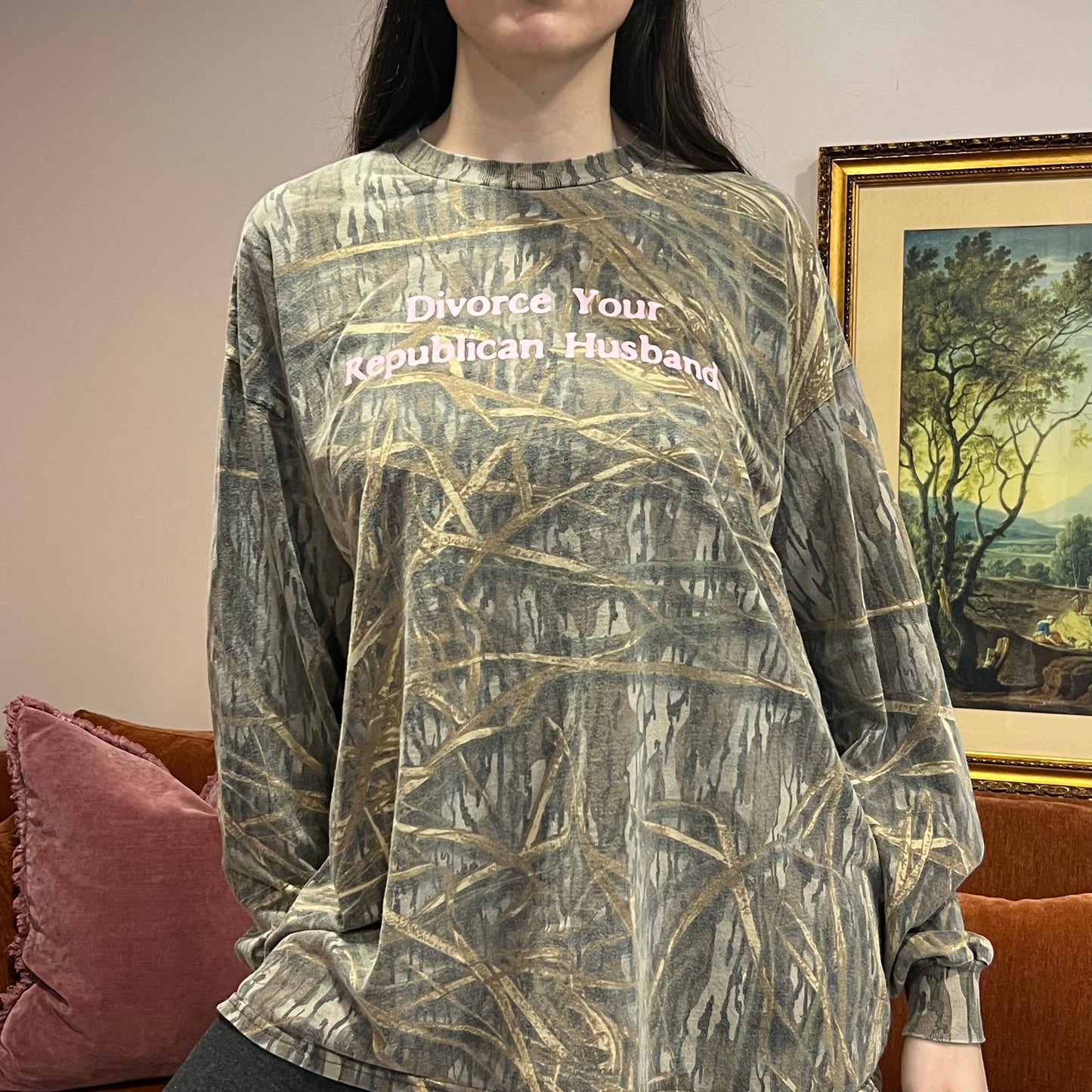DIVORCE YOUR REPUBLICAN HUSBAND camo long sleeve t-shirt with pink text (2XL)