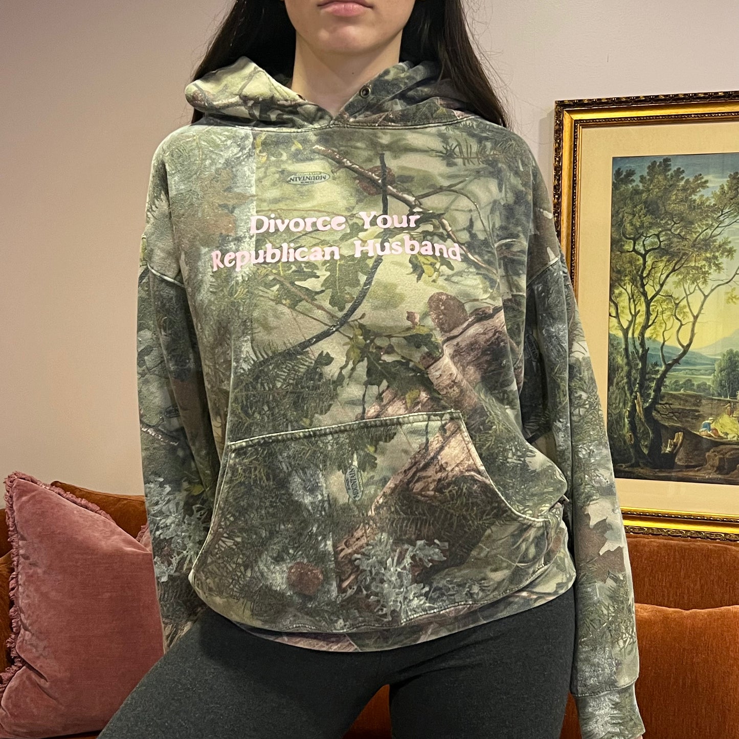 DIVORCE YOUR REPUBLICAN HUSBAND camo hoodie with pink text (M)