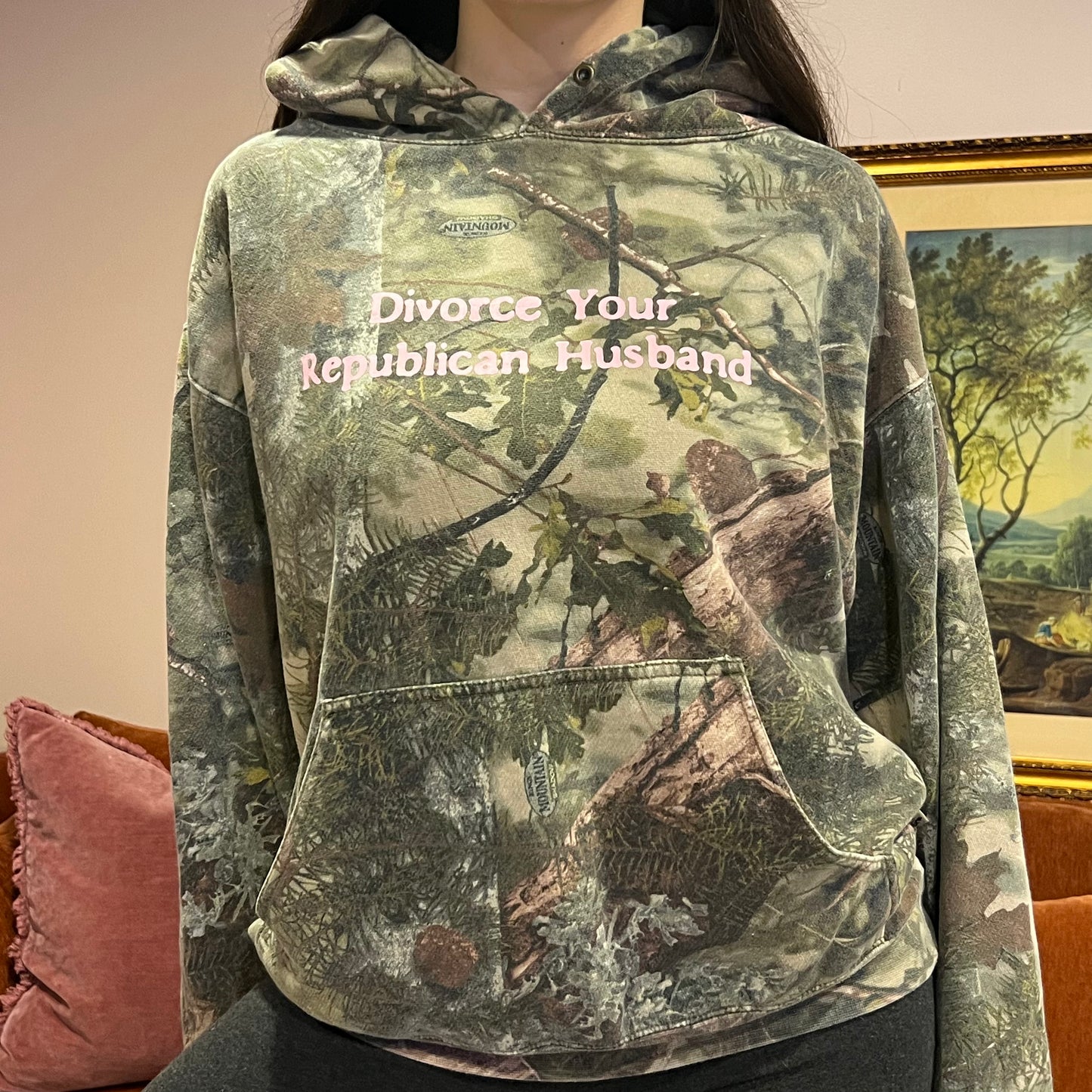 DIVORCE YOUR REPUBLICAN HUSBAND camo hoodie with pink text (M)