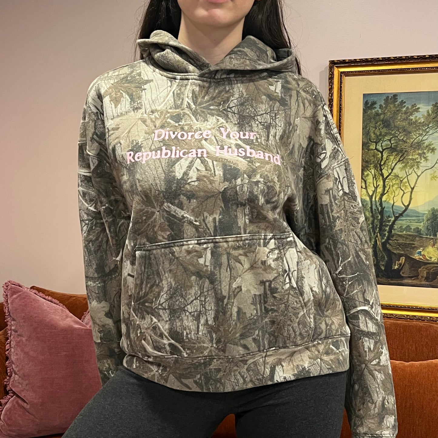 DIVORCE YOUR REPUBLICAN HUSBAND camo hoodie with pink text (M)