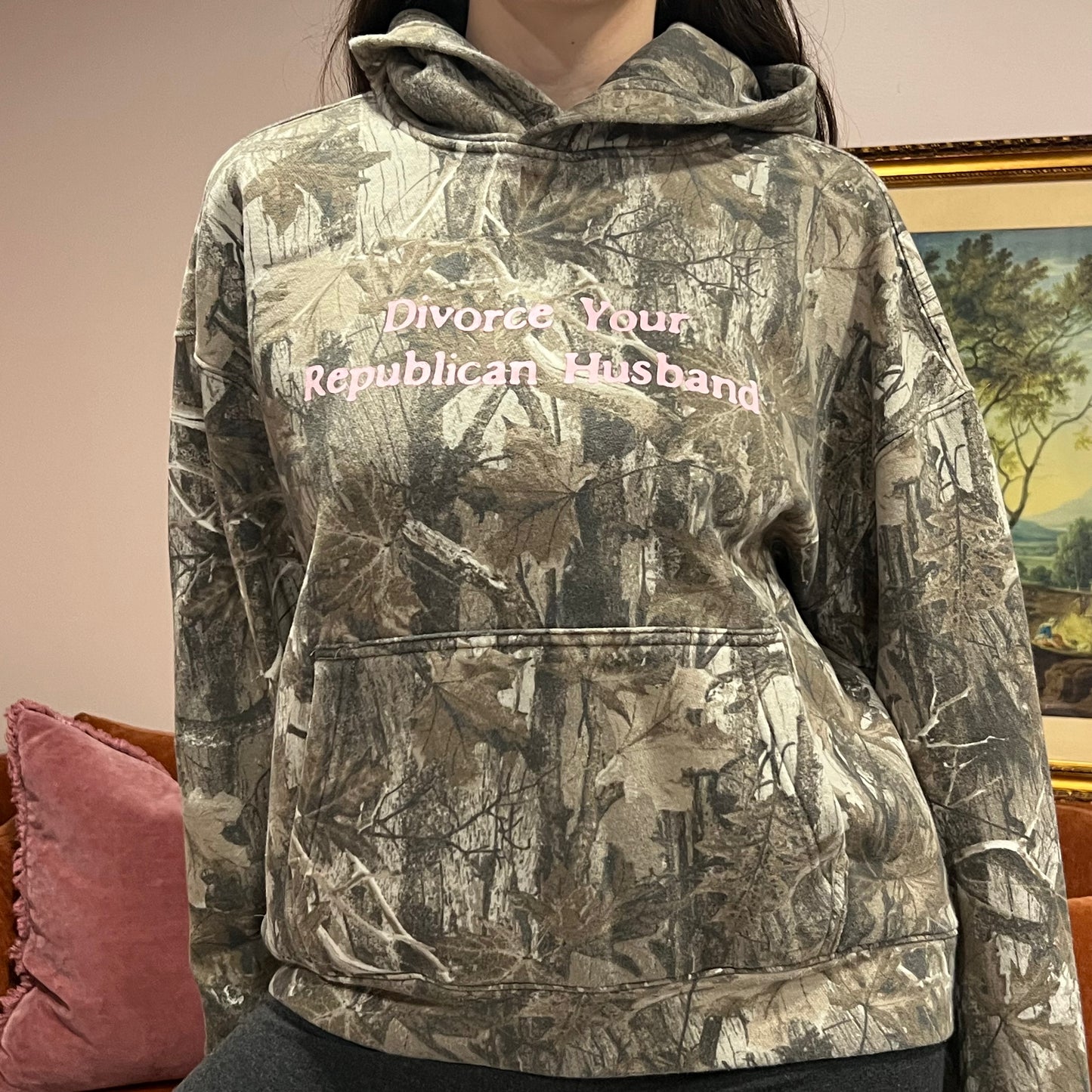 DIVORCE YOUR REPUBLICAN HUSBAND camo hoodie with pink text (M)