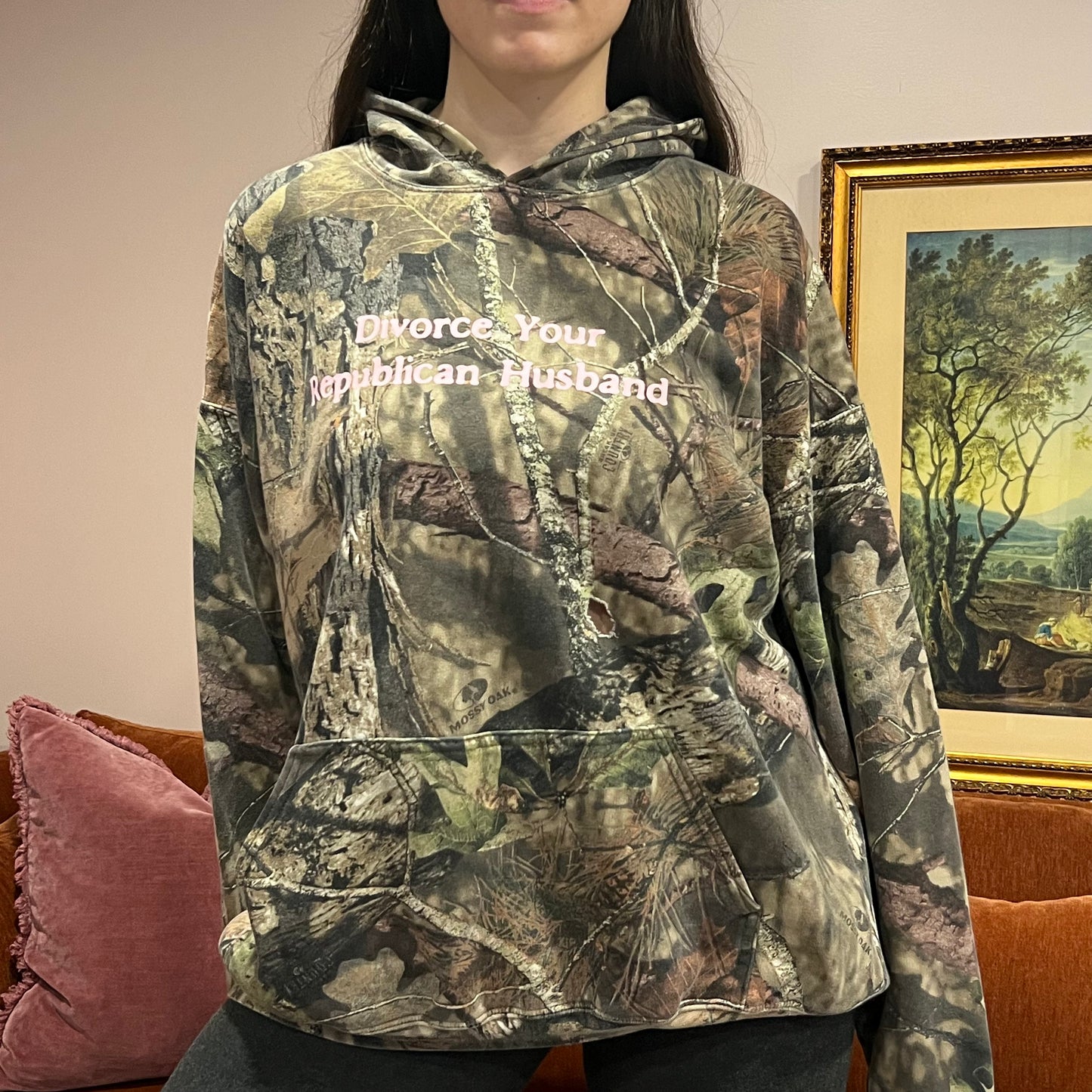 DIVORCE YOUR REPUBLICAN HUSBAND camo hoodie with pink text (XL)