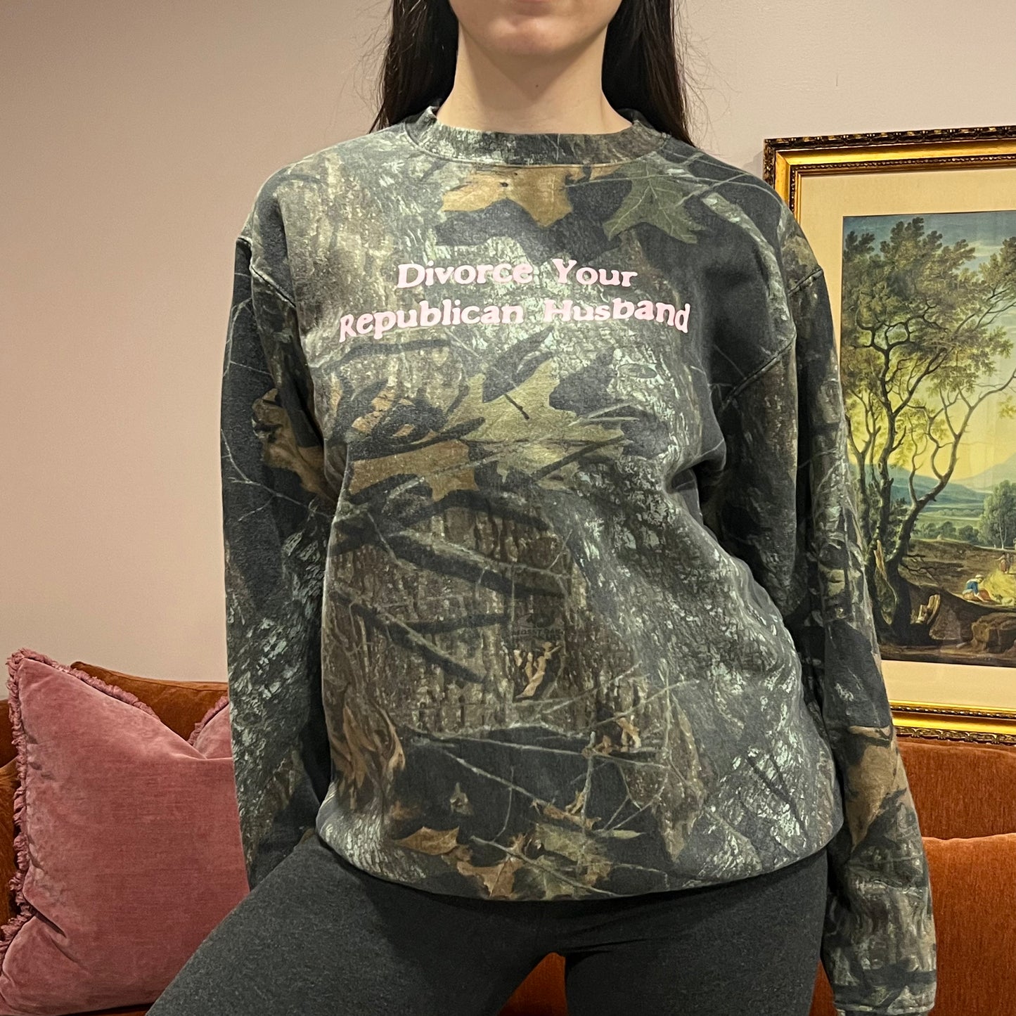 DIVORCE YOUR REPUBLICAN HUSBAND camo crewneck with pink text (M)