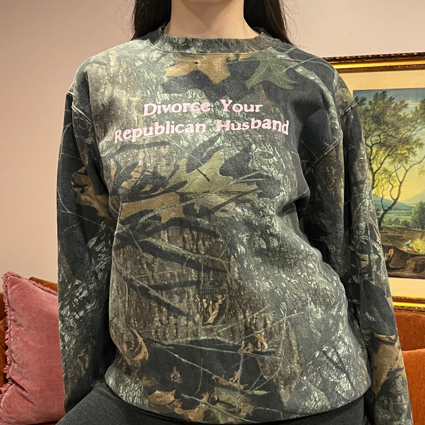 DIVORCE YOUR REPUBLICAN HUSBAND camo crewneck with pink text (M)