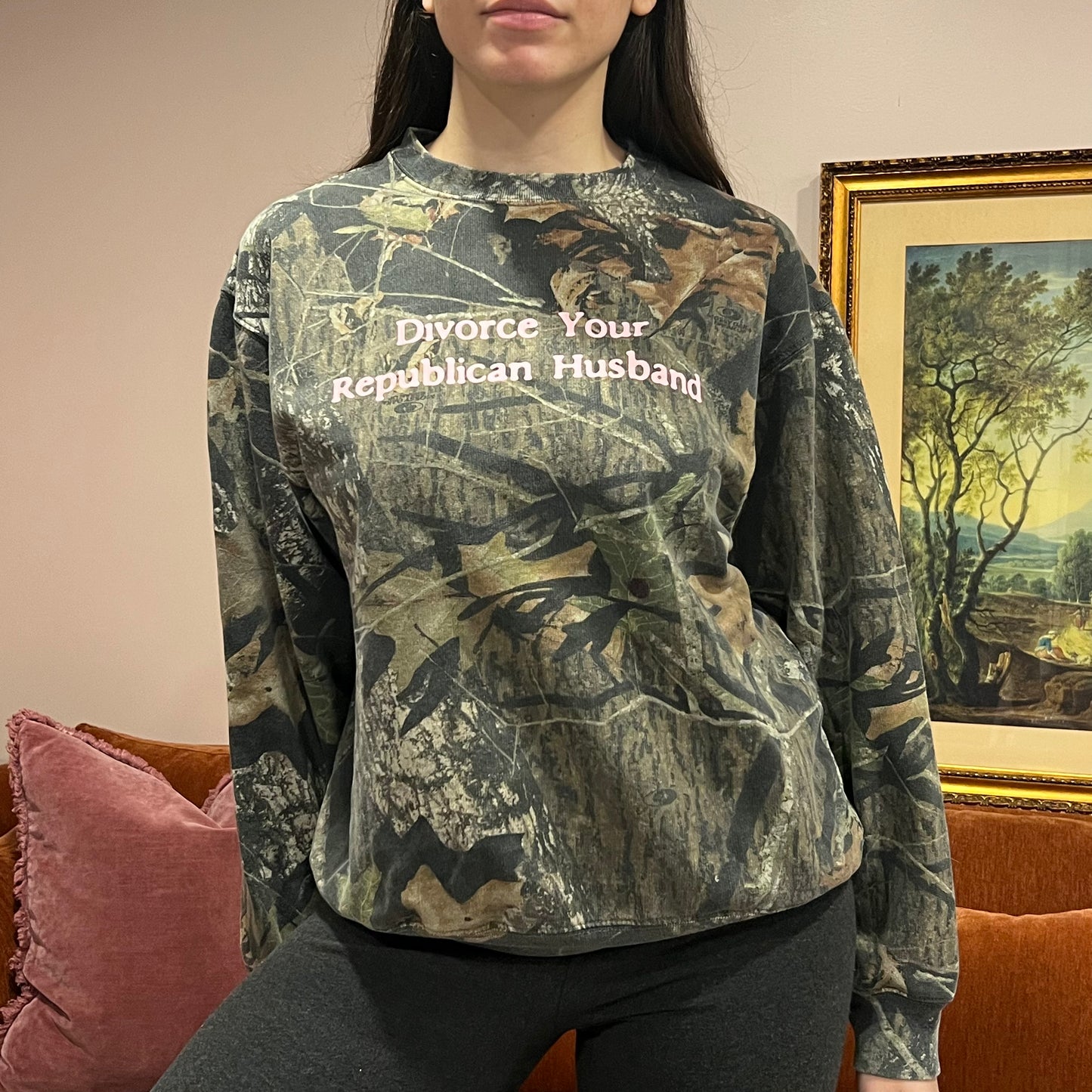 DIVORCE YOUR REPUBLICAN HUSBAND camo crewneck with pink text (M)
