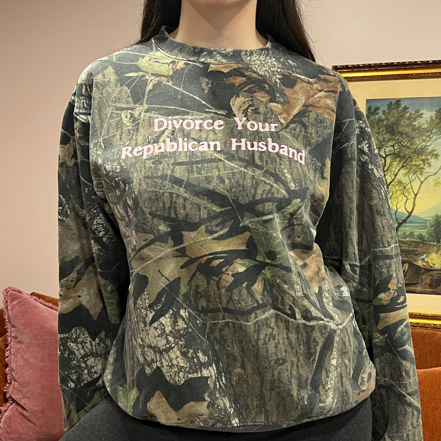 DIVORCE YOUR REPUBLICAN HUSBAND camo crewneck with pink text (M)