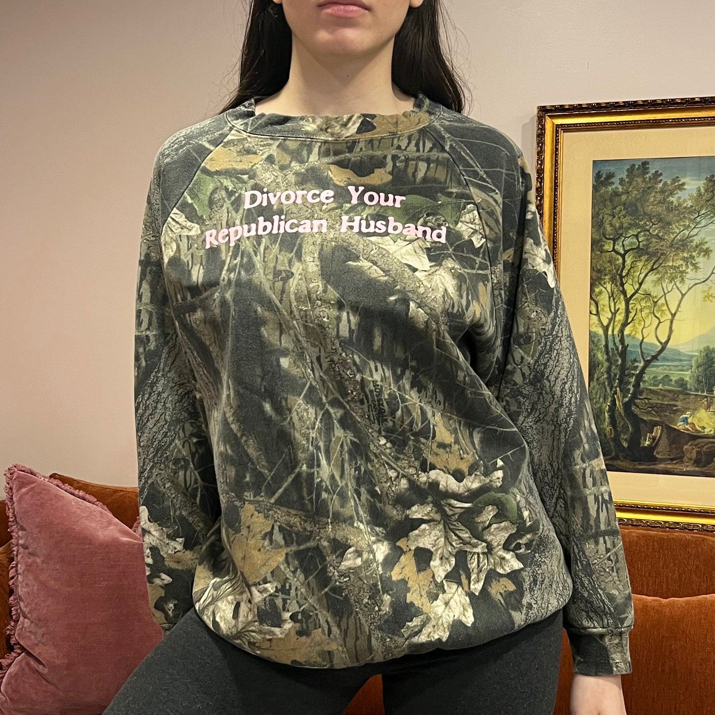 DIVORCE YOUR REPUBLICAN HUSBAND camo crewneck with pink text (L)