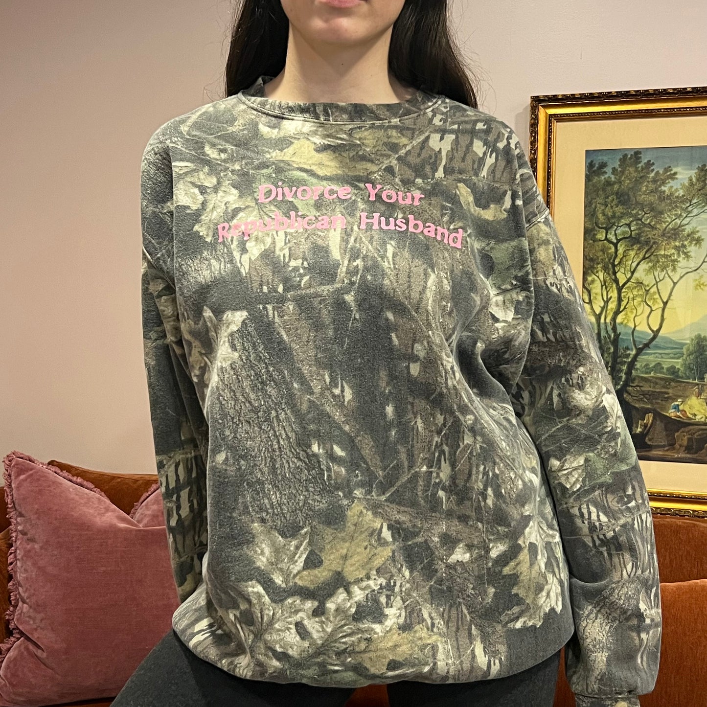 DIVORCE YOUR REPUBLICAN HUSBAND camo crewneck with pink text (L)