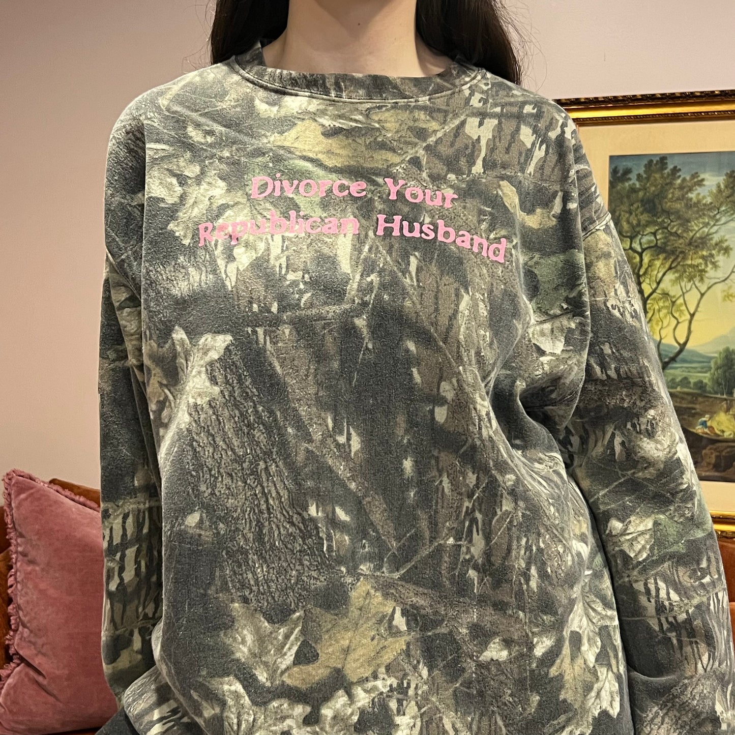 DIVORCE YOUR REPUBLICAN HUSBAND camo crewneck with pink text (L)