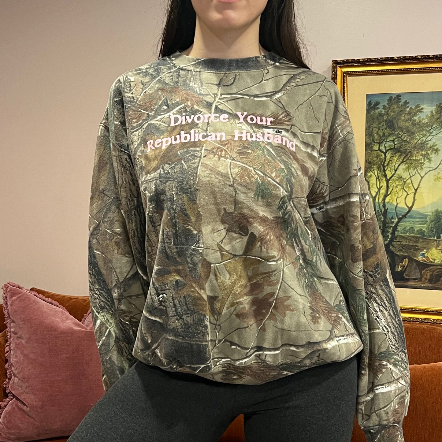 DIVORCE YOUR REPUBLICAN HUSBAND camo crewneck with pink text (L)