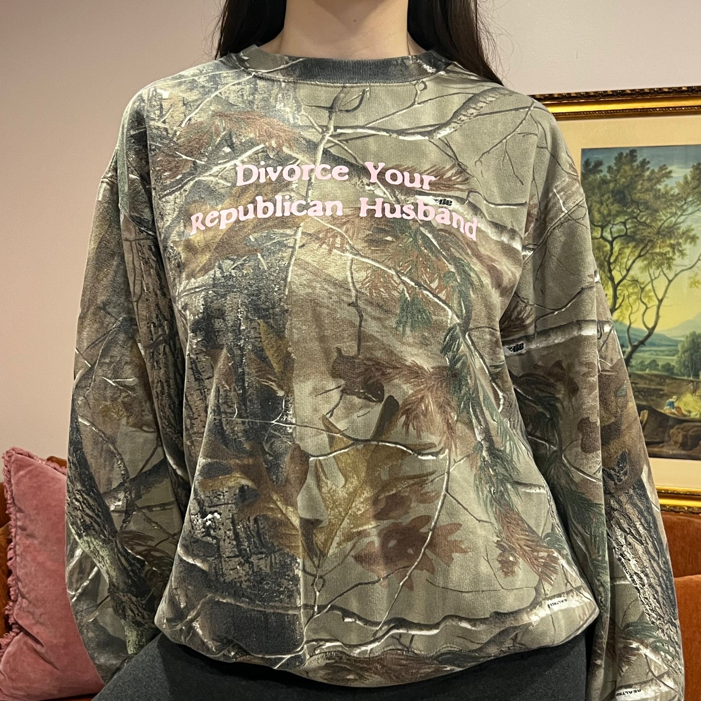 DIVORCE YOUR REPUBLICAN HUSBAND camo crewneck with pink text (L)