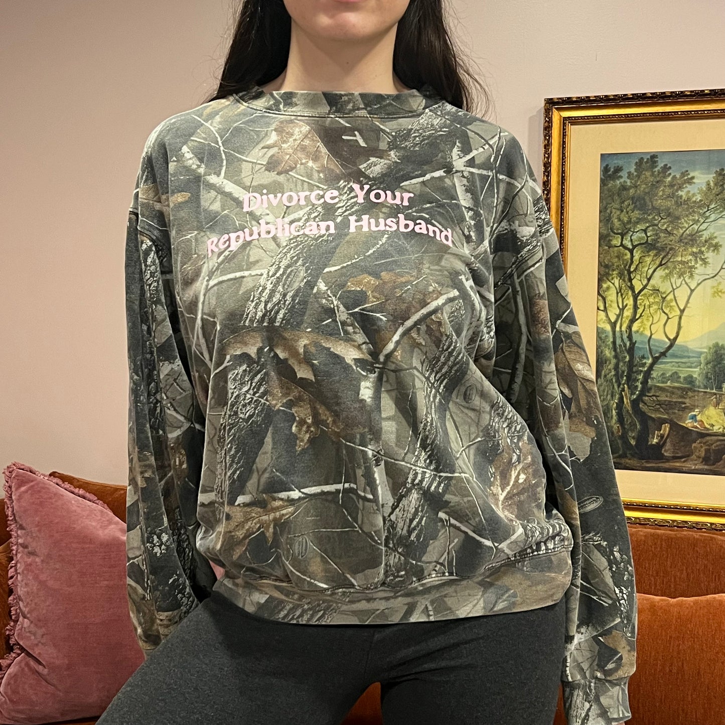 DIVORCE YOUR REPUBLICAN HUSBAND camo crewneck with pink text (L)