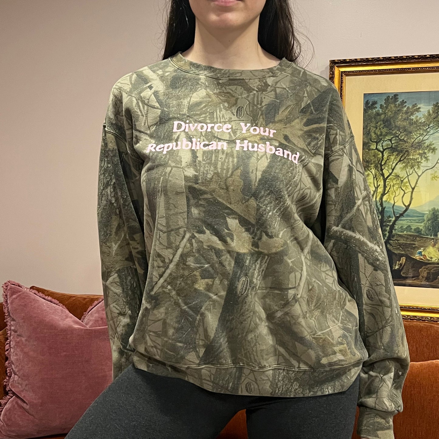 DIVORCE YOUR REPUBLICAN HUSBAND camo crewneck with pink text (L)