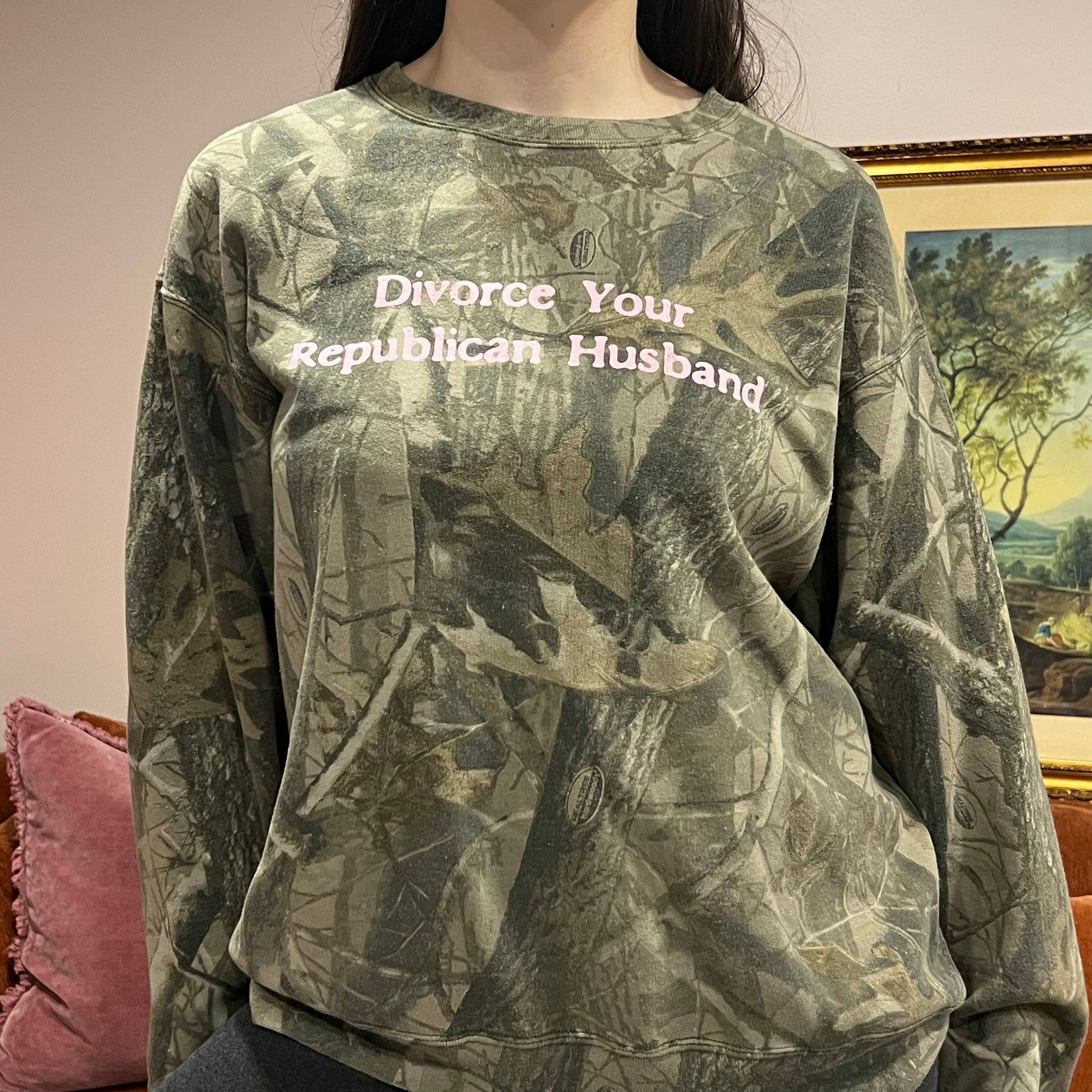 DIVORCE YOUR REPUBLICAN HUSBAND camo crewneck with pink text (L)