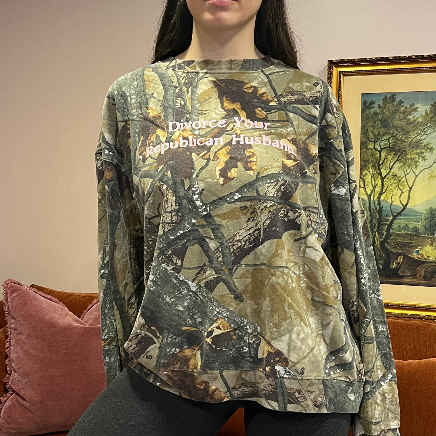 DIVORCE YOUR REPUBLICAN HUSBAND camo crewneck with pink text (2XL)