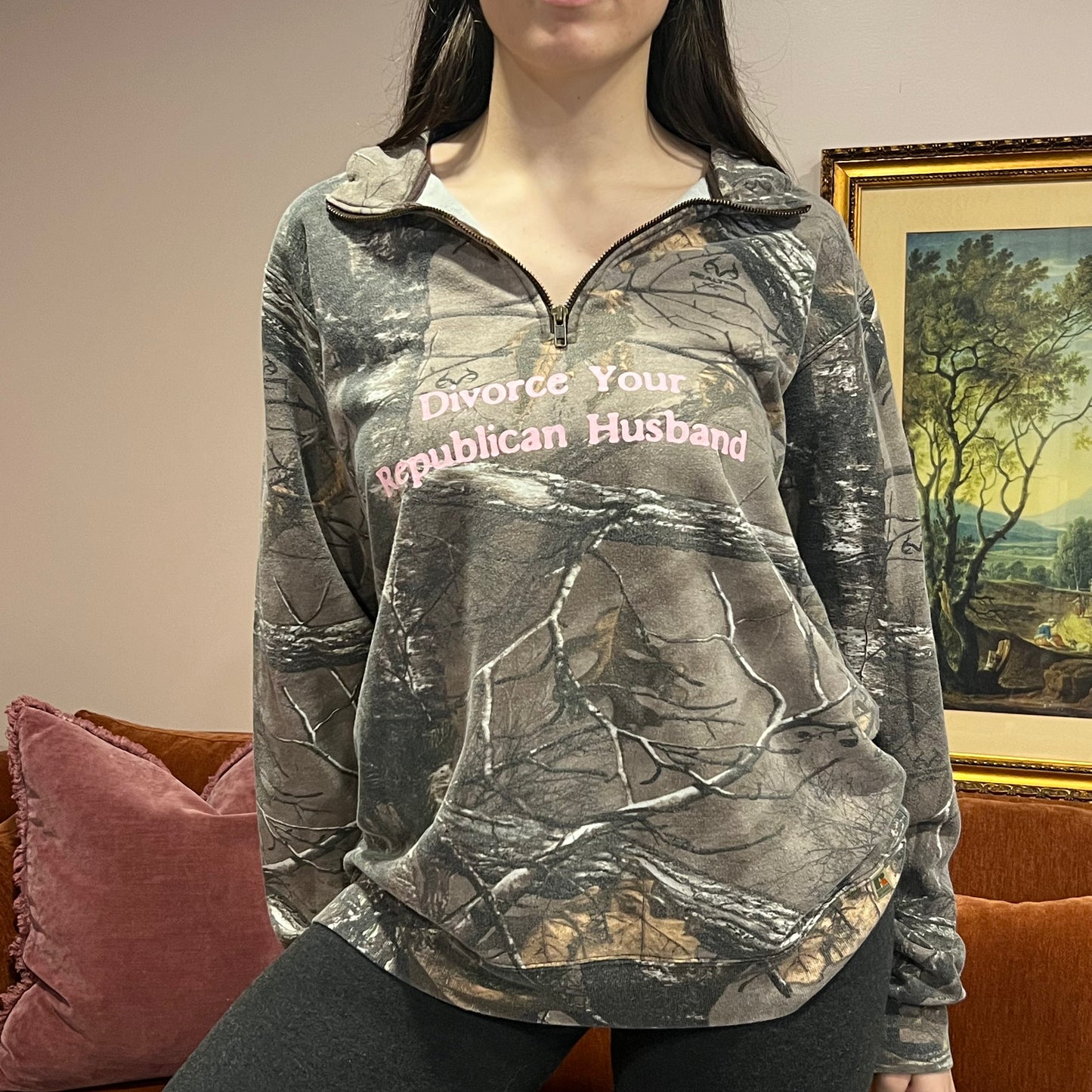 DIVORCE YOUR REPUBLICAN HUSBAND camo zip-up with pink text (L)
