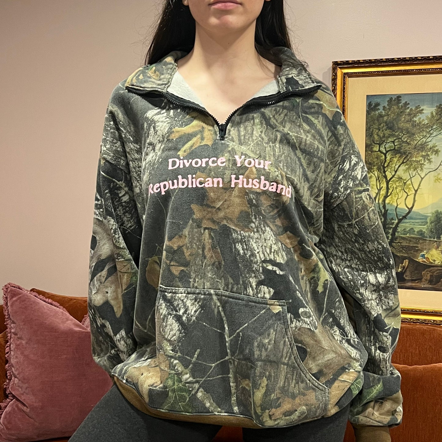 DIVORCE YOUR REPUBLICAN HUSBAND camo zip-up with pink text (XL)