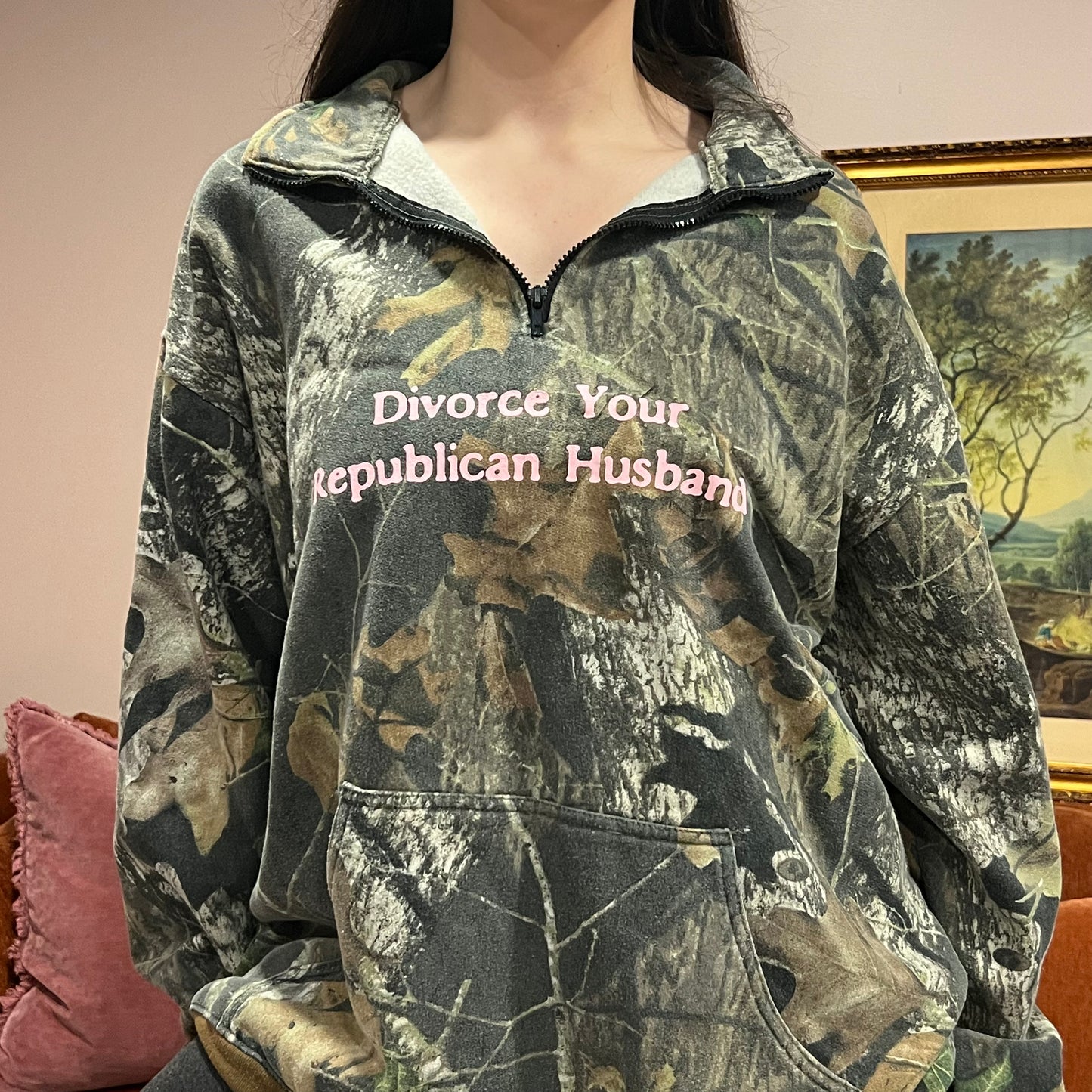 DIVORCE YOUR REPUBLICAN HUSBAND camo zip-up with pink text (XL)