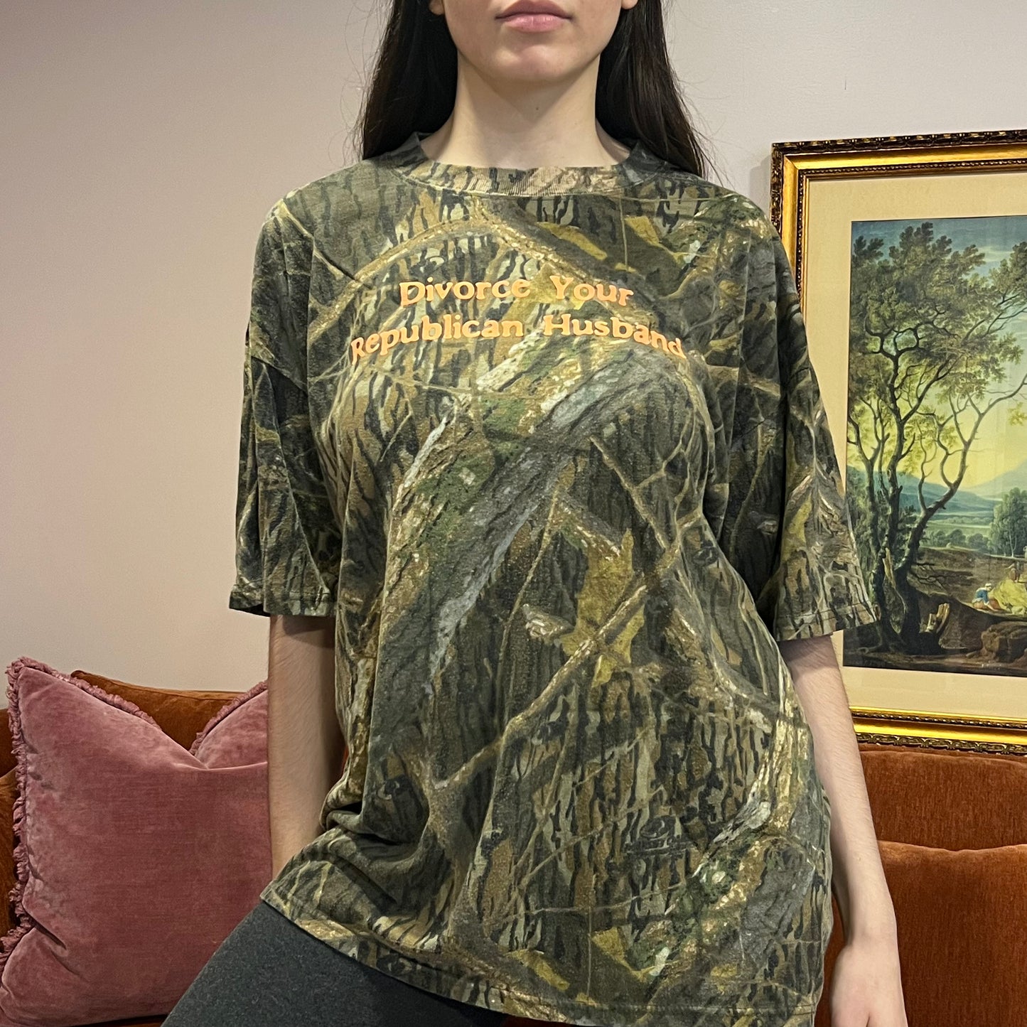 DIVORCE YOUR REPUBLICAN HUSBAND camo t-shirt with orange text (XL)