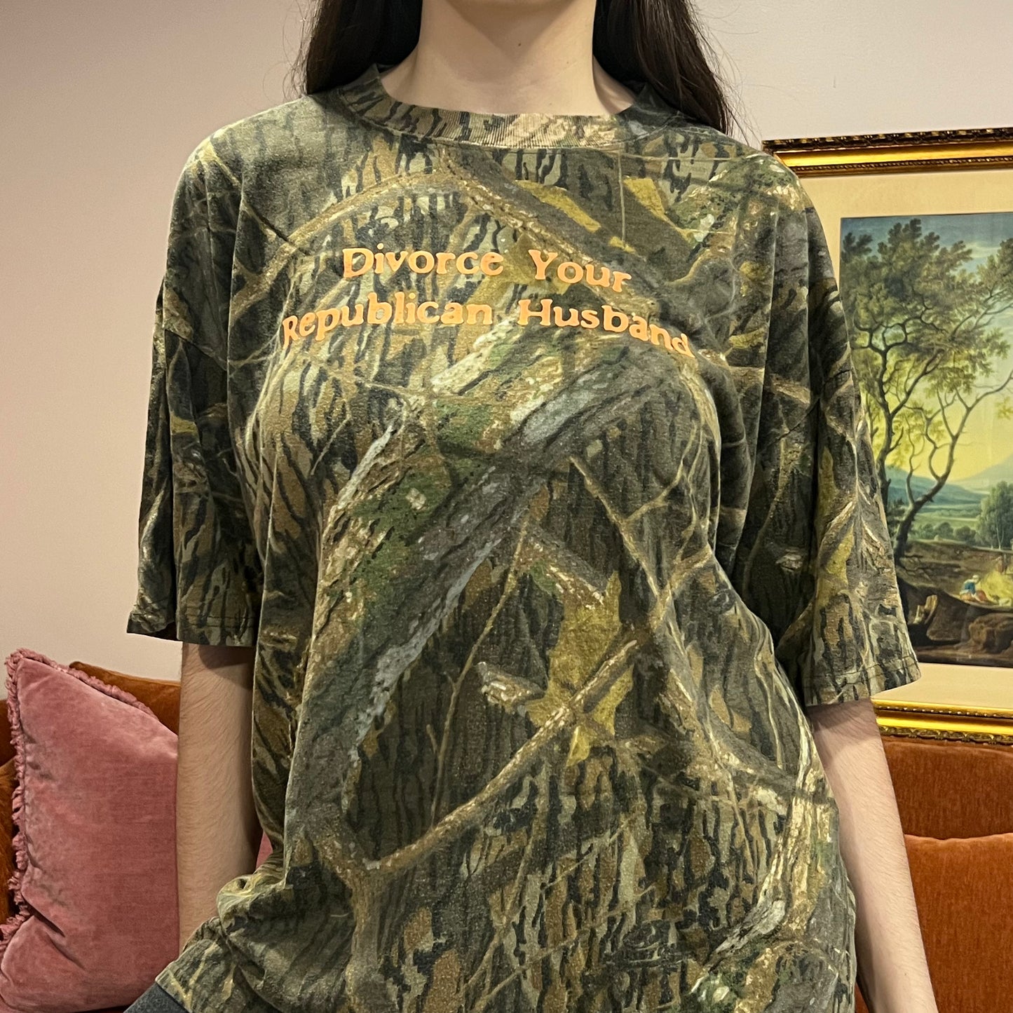 DIVORCE YOUR REPUBLICAN HUSBAND camo t-shirt with orange text (XL)
