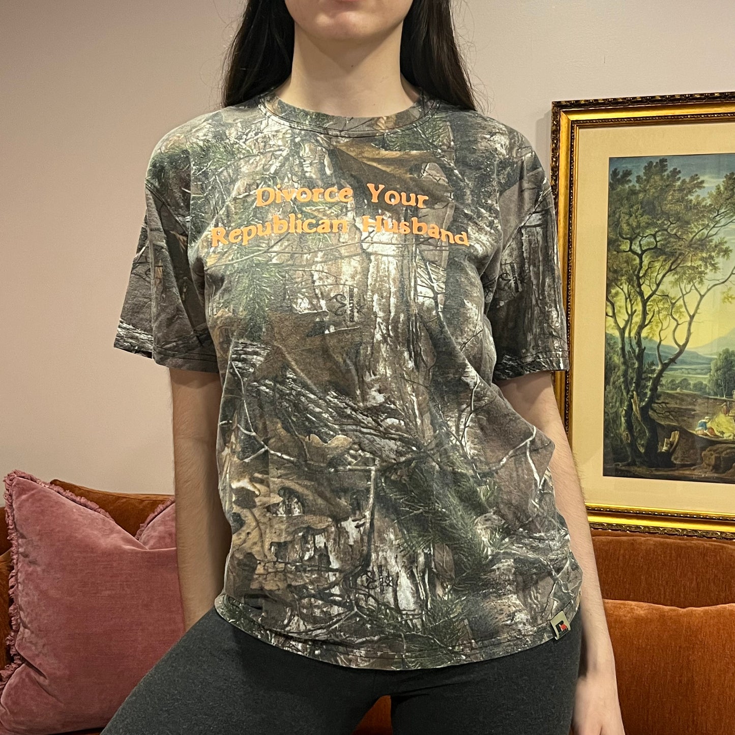DIVORCE YOUR REPUBLICAN HUSBAND camo t-shirt with orange text (M)