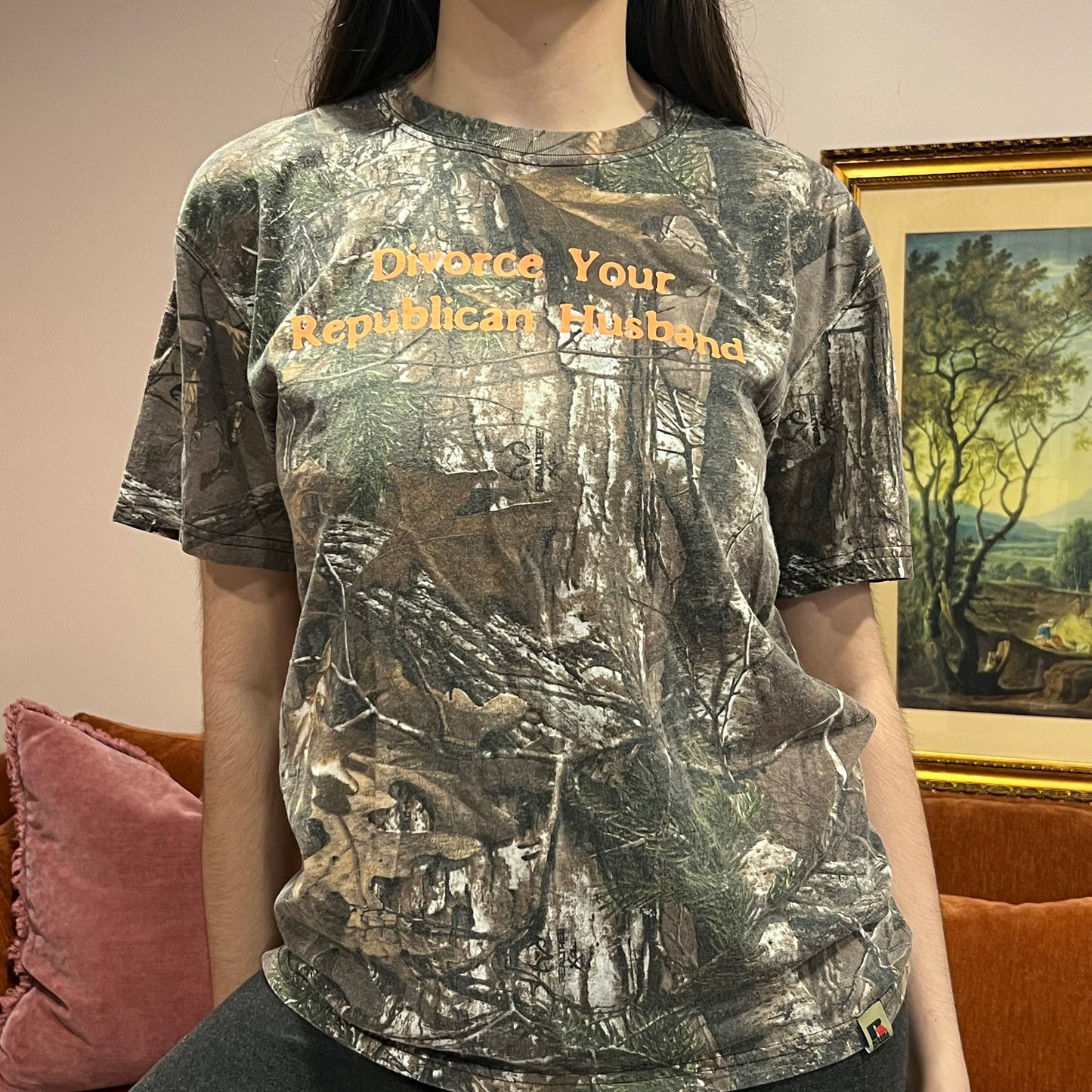 DIVORCE YOUR REPUBLICAN HUSBAND camo t-shirt with orange text (M)