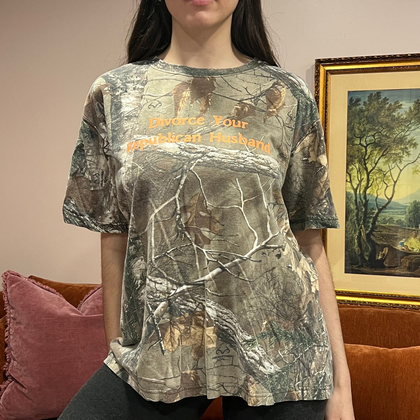 DIVORCE YOUR REPUBLICAN HUSBAND camo t-shirt with orange text (XL)