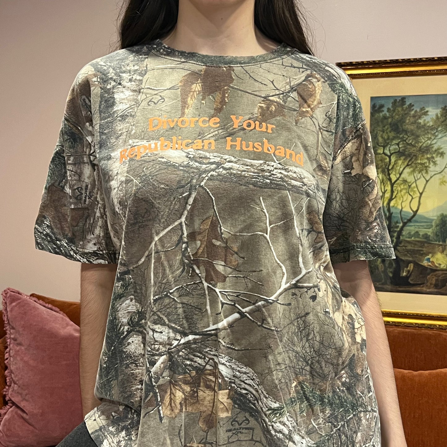 DIVORCE YOUR REPUBLICAN HUSBAND camo t-shirt with orange text (XL)