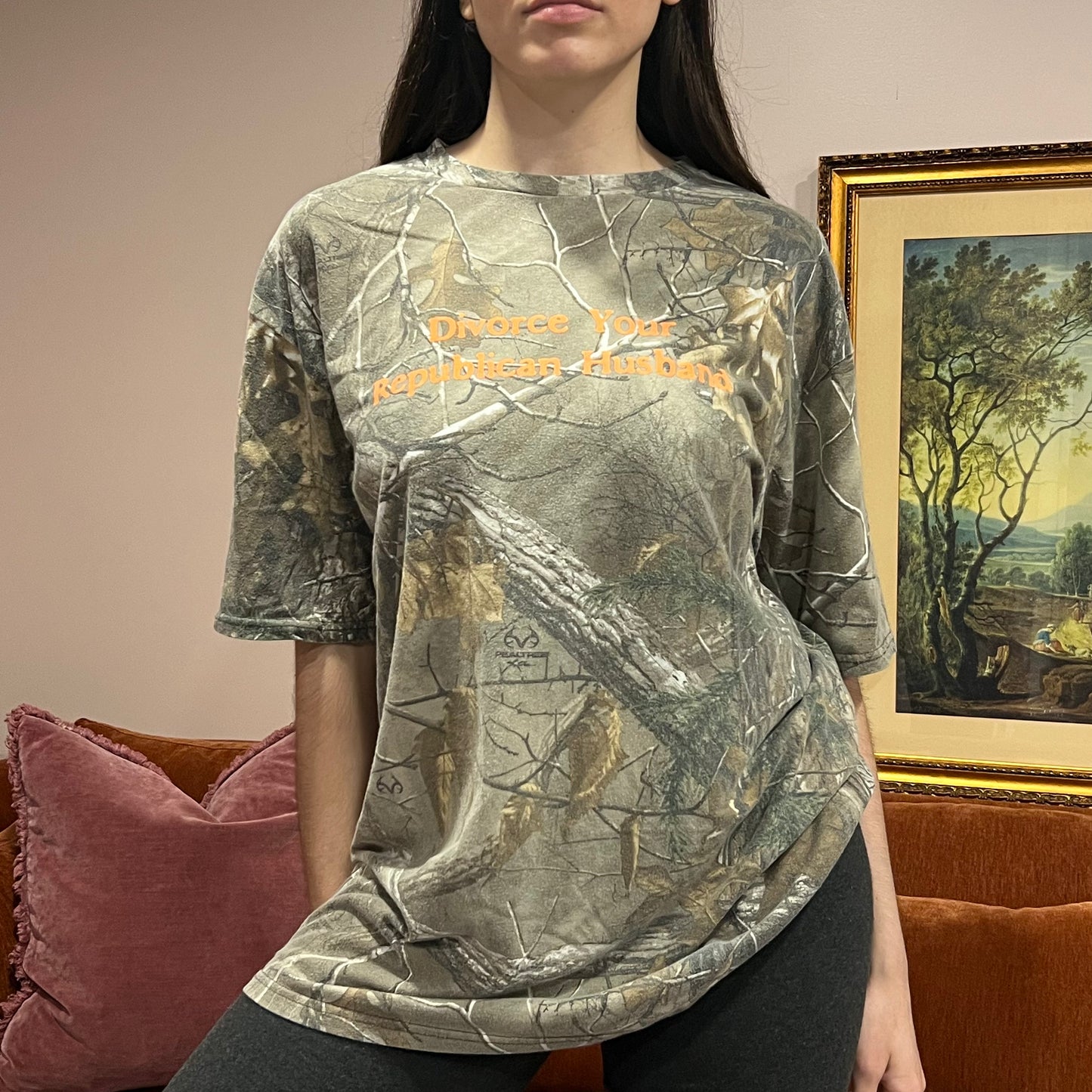 DIVORCE YOUR REPUBLICAN HUSBAND camo t-shirt with orange text (XL)
