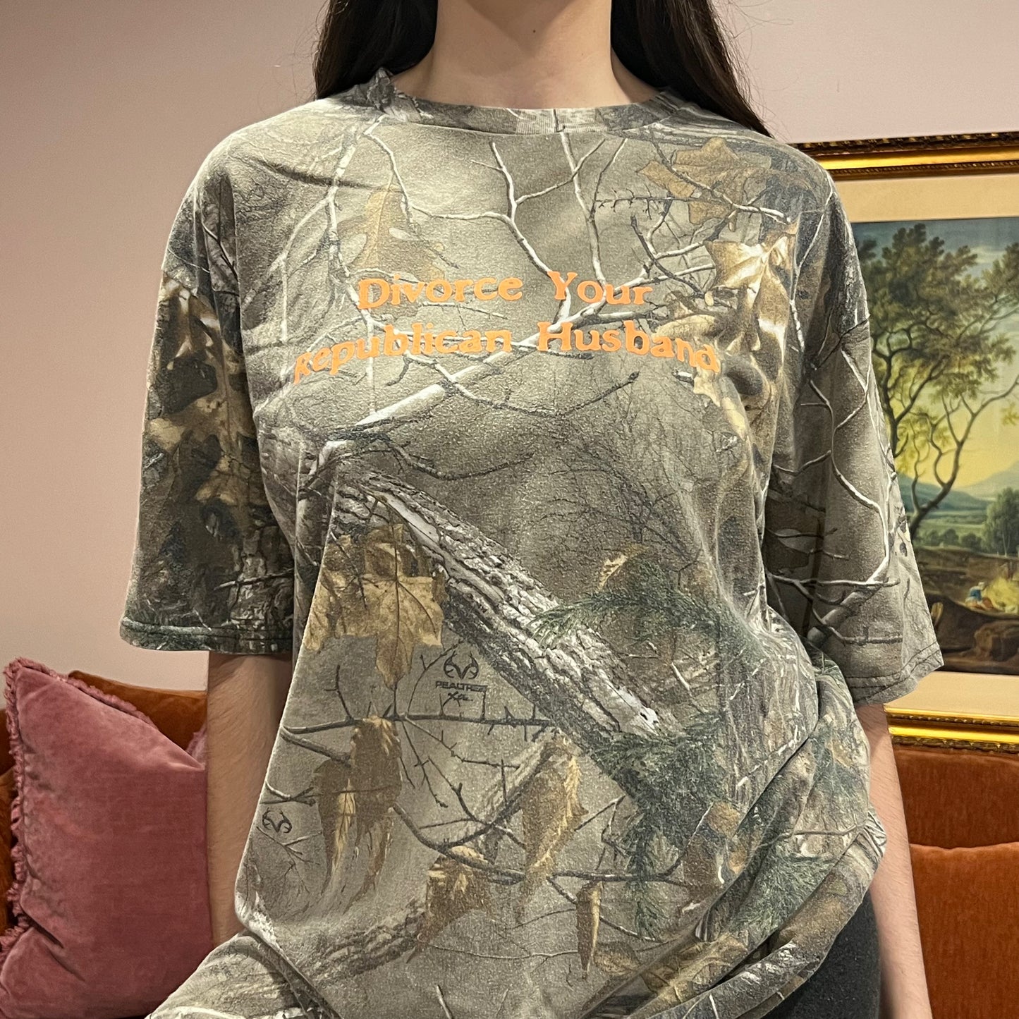 DIVORCE YOUR REPUBLICAN HUSBAND camo t-shirt with orange text (XL)