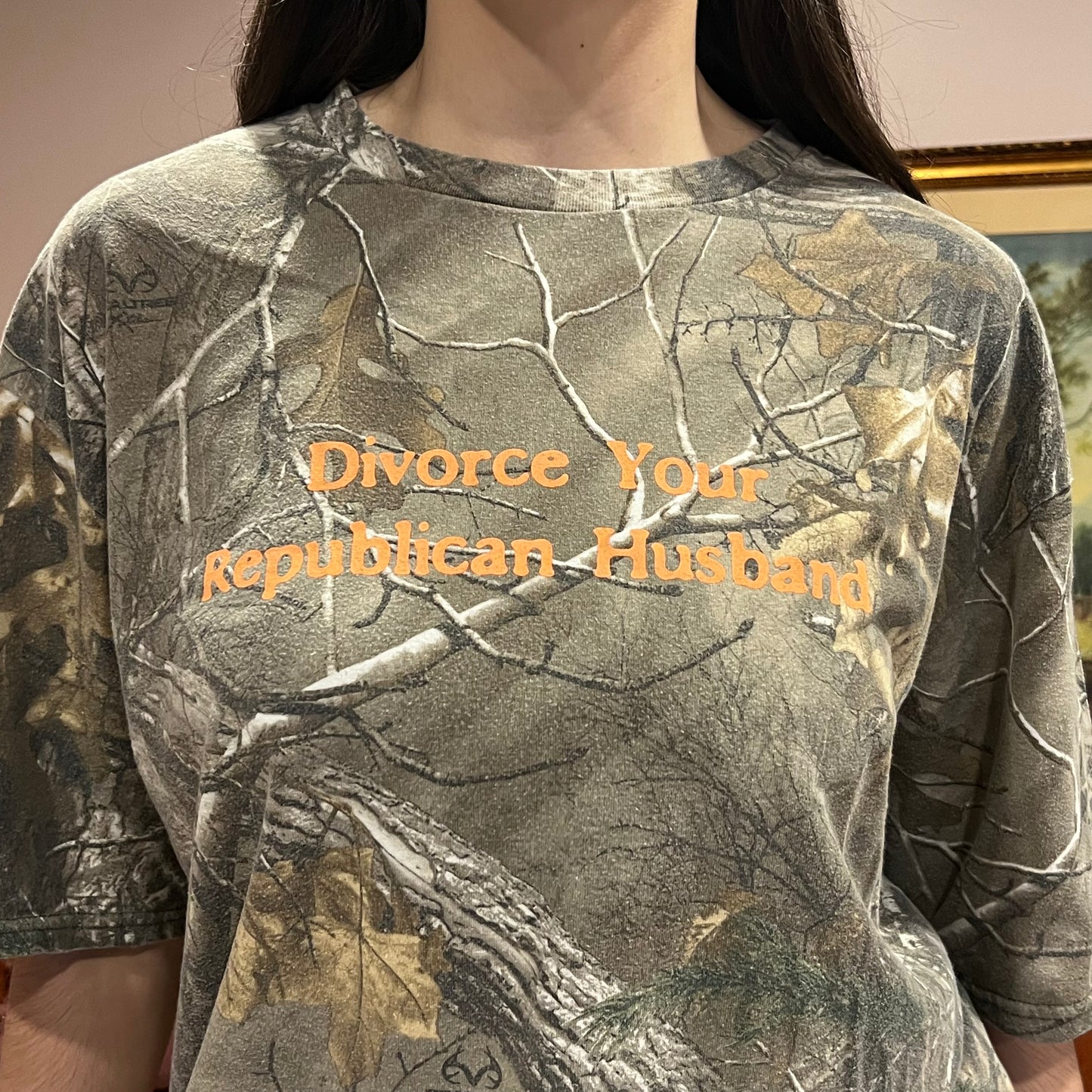 DIVORCE YOUR REPUBLICAN HUSBAND camo t-shirt with orange text (XL)