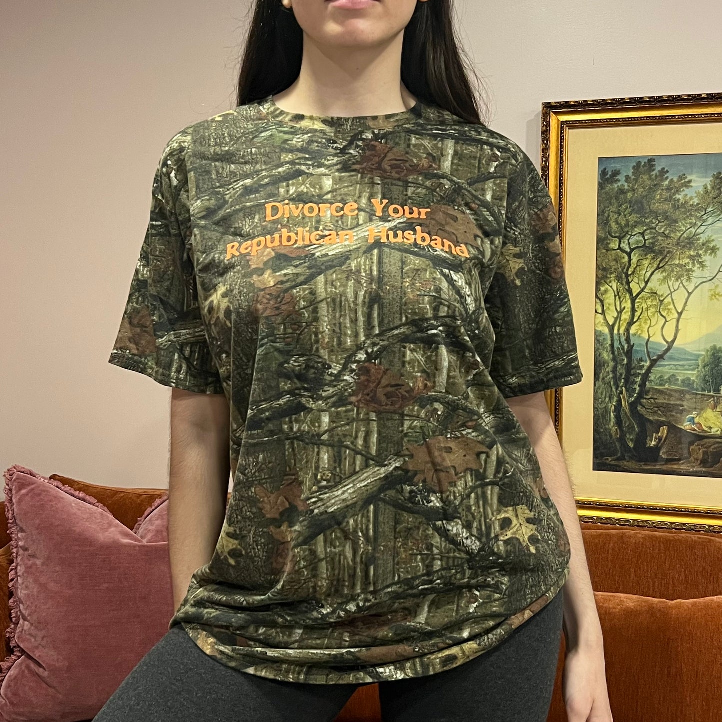DIVORCE YOUR REPUBLICAN HUSBAND camo t-shirt with orange text (2XL)