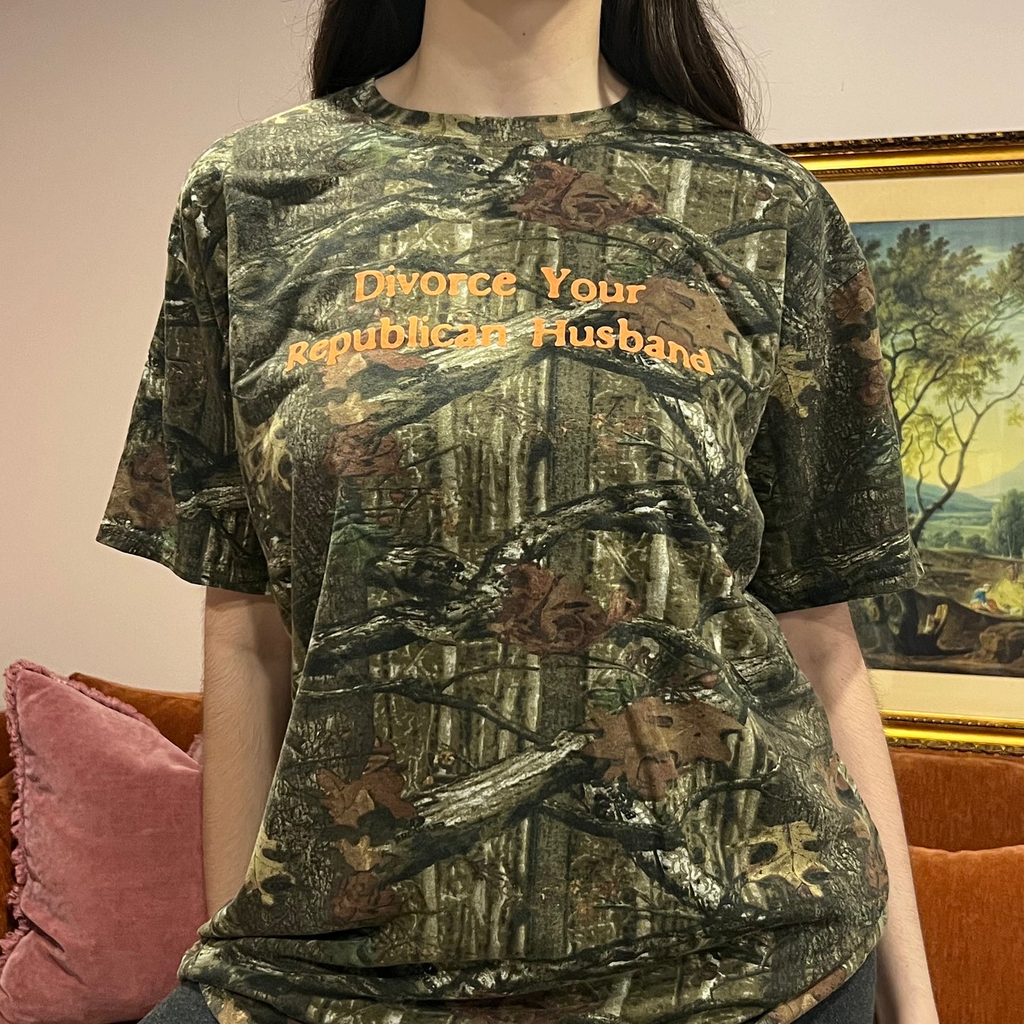DIVORCE YOUR REPUBLICAN HUSBAND camo t-shirt with orange text (2XL)