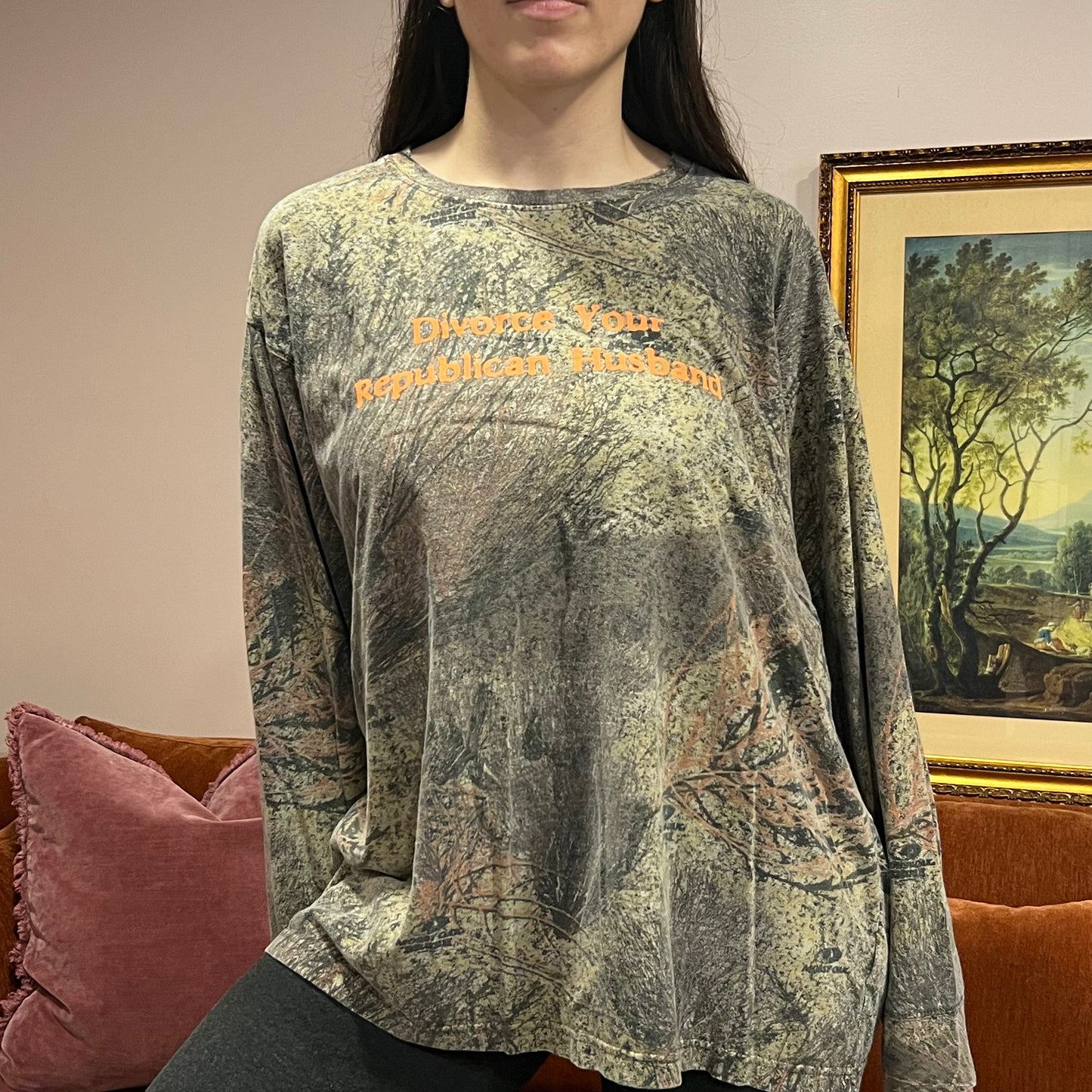 DIVORCE YOUR REPUBLICAN HUSBAND camo long sleeve t-shirt with orange text (2XL)