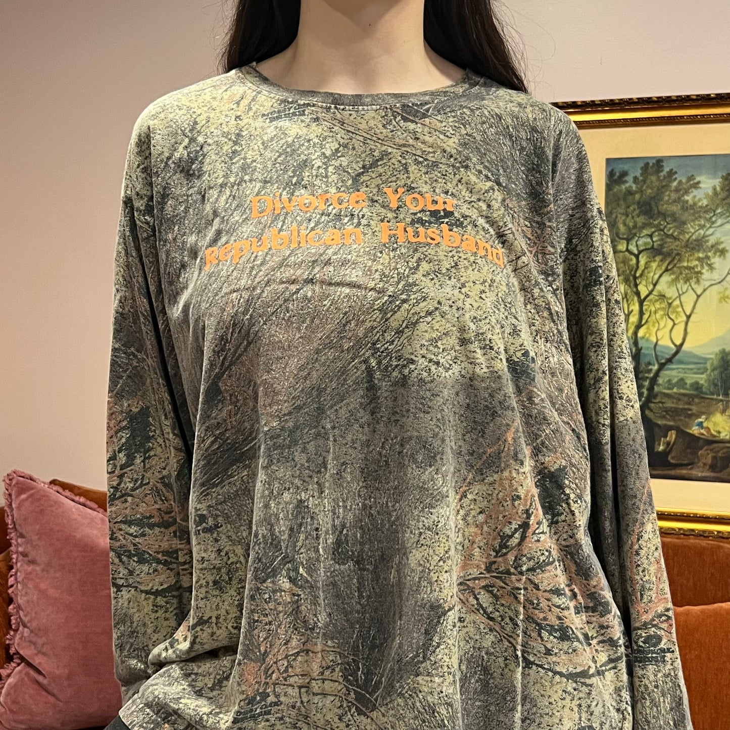 DIVORCE YOUR REPUBLICAN HUSBAND camo long sleeve t-shirt with orange text (2XL)