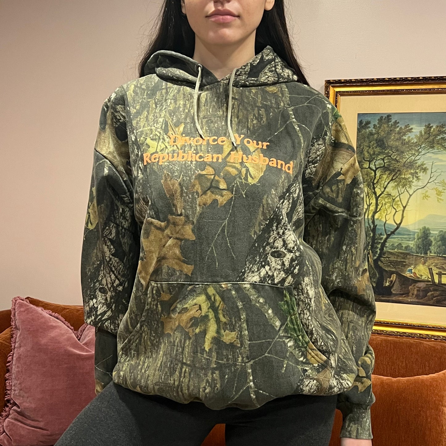DIVORCE YOUR REPUBLICAN HUSBAND camo hoodie with orange text (XL)